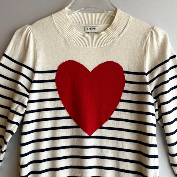 J Crew Women Puff-Sleeve Valentine Red Heart Sweater M Preppy Twee Academia - Picture 3 of 7